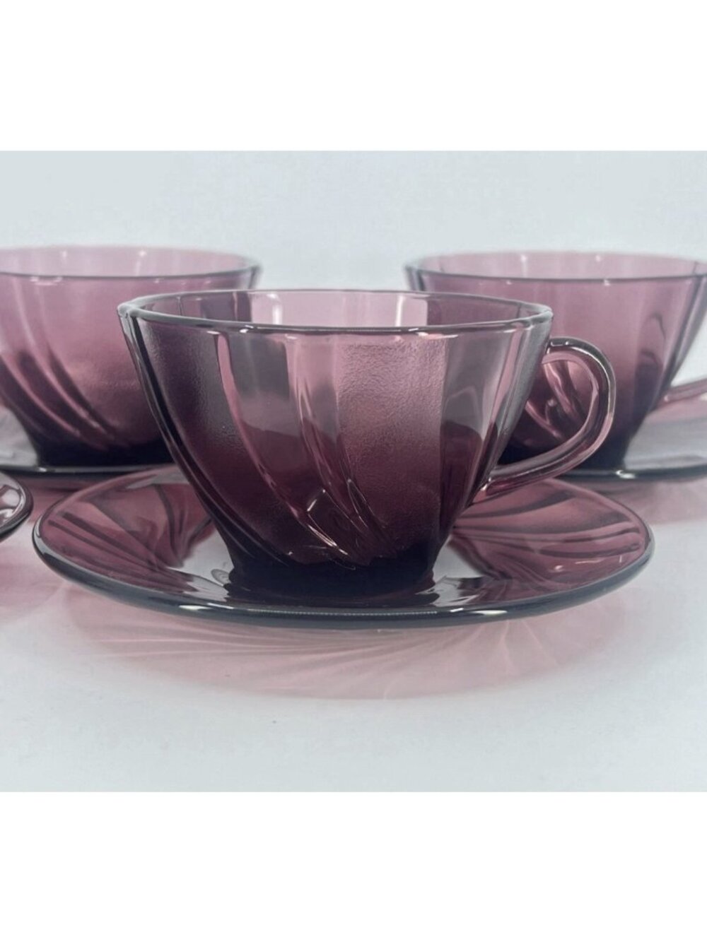 8pc France Duralex Bormiloi Rocco Amethyst Purple Set 4 Glass Teacup & 4 Saucer